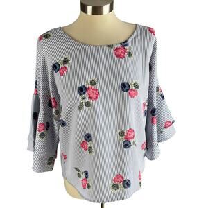 Indulge In Style Blouse Striped Floral 3/4 Bell Sleeves Womens Large Polyester
